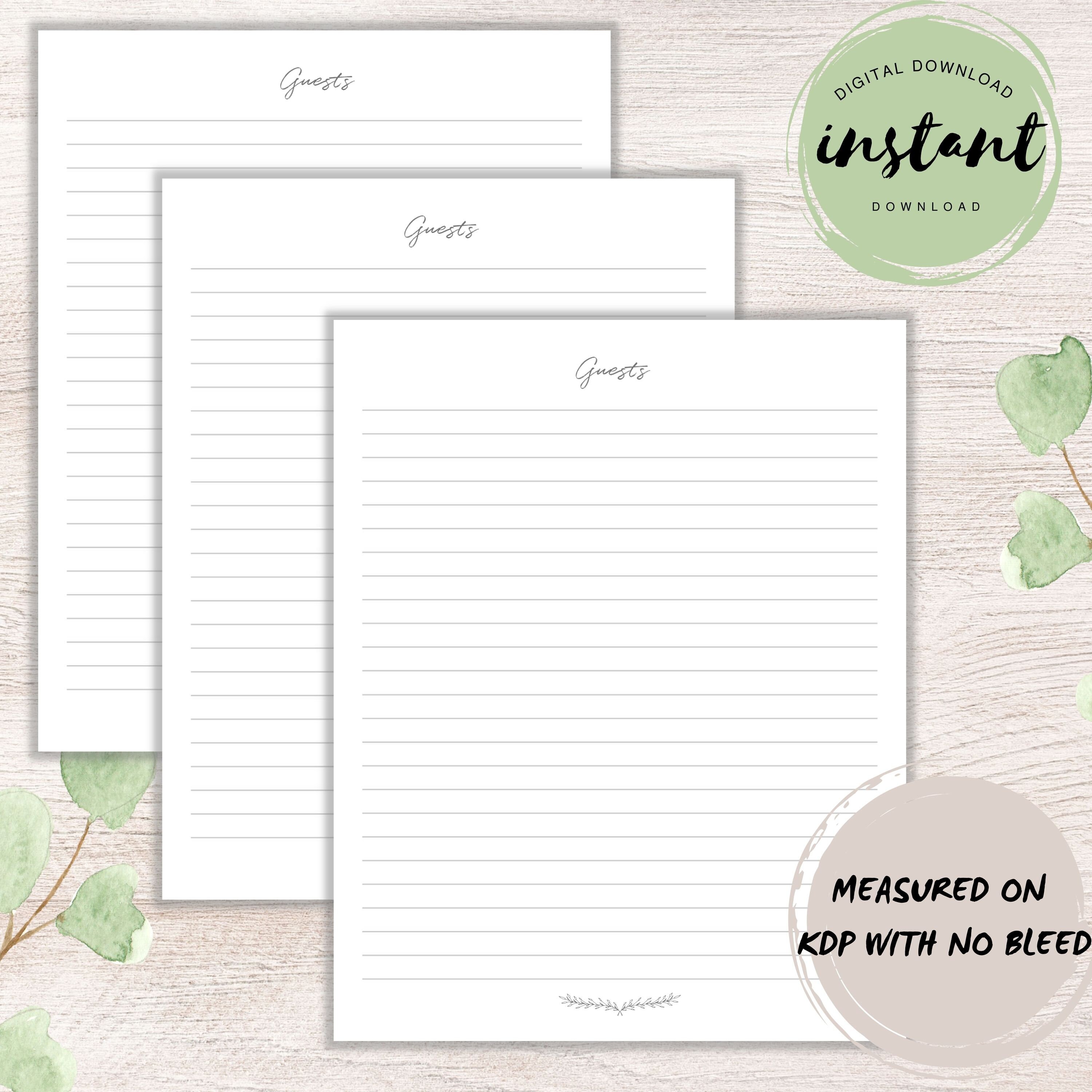 Guest Book KDP Lined Pages, Kindle Interiors Template, Sizes 6x9,8x10,8
