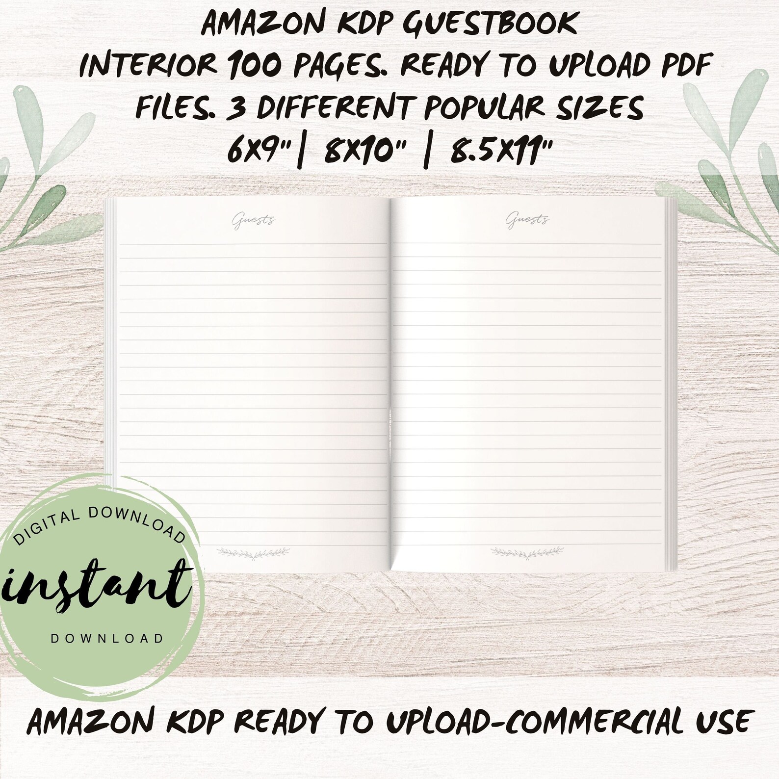 Guest Book KDP Lined Pages, Kindle Interiors Template, Sizes 6x9,8x10,8