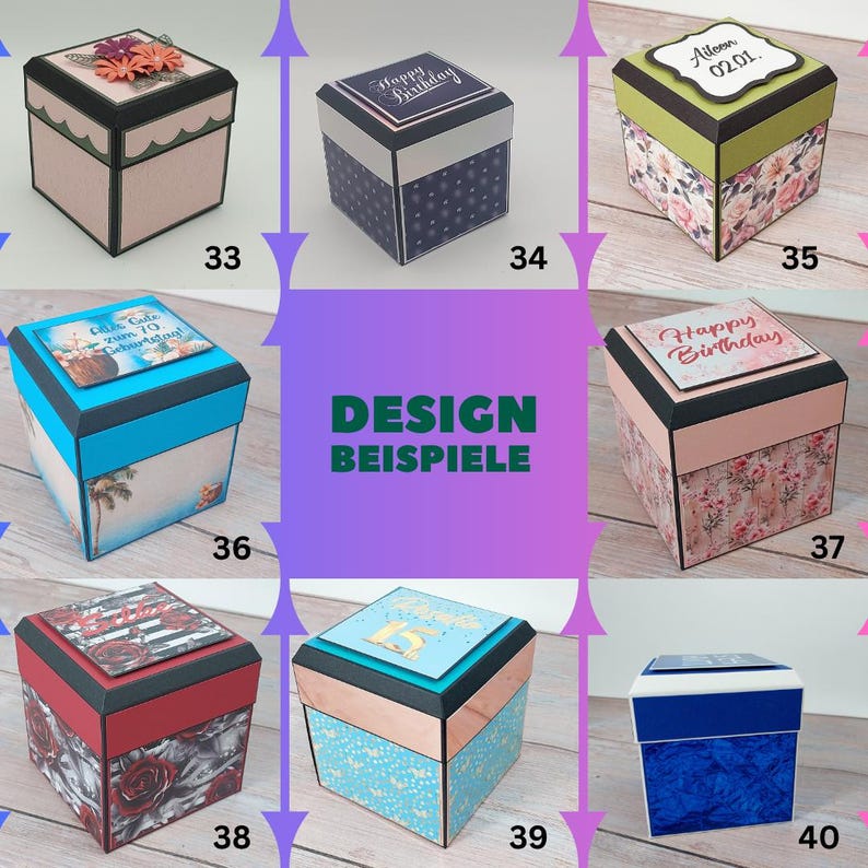 Puede incluir: Una colecci&oacute;n de cajas de regalo decorativas con varios dise&ntilde;os. Algunas cajas presentan patrones florales, mientras que otras tienen el texto "Happy Birthday" y "Alleen 02.01." Las cajas son de diferentes colores, incluyendo rosa, azul y rojo.