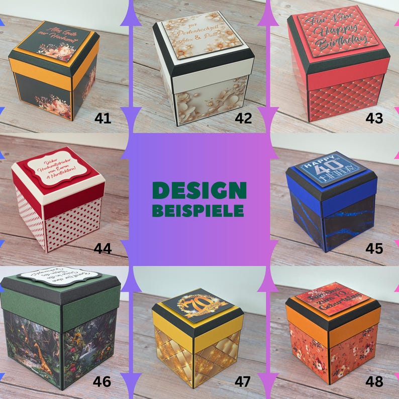 Puede incluir: Una colecci&oacute;n de cajas de regalo decorativas con varios dise&ntilde;os. Las cajas presentan patrones florales, formas geom&eacute;tricas y texto como "Feliz Cumplea&ntilde;os" y "40 a&ntilde;os". Las cajas son de varios colores, incluyendo rojo, azul y naranja.