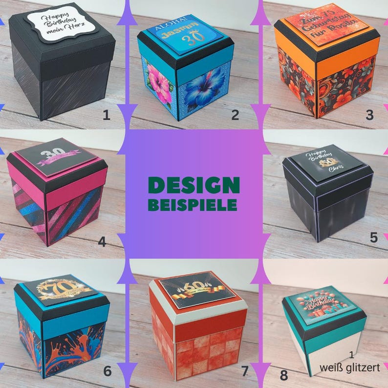 Puede incluir: Una colecci&oacute;n de ocho cajas de regalo decorativas con varios dise&ntilde;os. Las cajas presentan diferentes combinaciones de colores, incluyendo negro, azul, rosa y rojo. Algunas cajas tienen texto como "Happy Birthday" y "Aloha". Las cajas son cuadradas.
