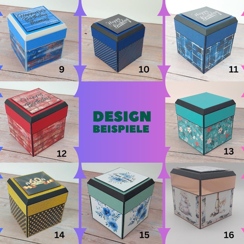 Puede incluir: Una colecci&oacute;n de cajas de regalo decorativas con varios dise&ntilde;os. Las cajas presentan diferentes patrones, incluyendo rayas, estampados florales y acabados con textura de madera. Cada caja tiene una tapa contrastante con las palabras "Happy Birthday" o "Happy 60th Birthday".