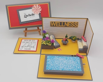 Caja explosiva de bienestar con piscina y compartimento para certificado de regalo o regalo en efectivo, hecha a mano, personalizable, idea de regalo para mujeres, novias y hombres