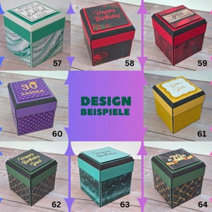 Puede incluir: Una colecci&oacute;n de cajas de regalo decorativas con varios dise&ntilde;os. Algunas cajas presentan patrones de m&aacute;rmol, detalles florales o texto como "Happy Birthday" y "30 Sandra". Las cajas son de varios colores, incluyendo verde, rojo, negro, morado y dorado.