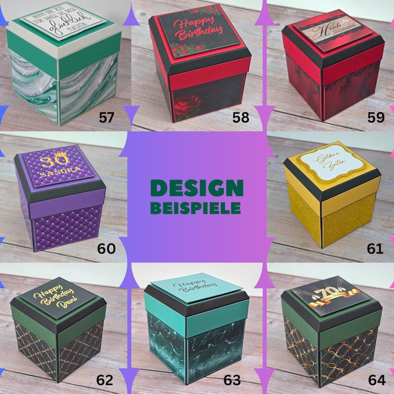 Puede incluir: Una colecci&oacute;n de cajas de regalo decorativas con varios dise&ntilde;os. Algunas cajas presentan patrones de m&aacute;rmol, detalles florales o texto como "Happy Birthday" y "30 Sandra". Las cajas son de varios colores, incluyendo verde, rojo, negro, morado y dorado.