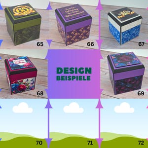 Puede incluir: Una colecci&oacute;n de cajas de regalo decorativas con varios dise&ntilde;os. Las cajas presentan diferentes colores, patrones y texto, incluyendo "65", "Happy Birthday" y texto en alem&aacute;n. Las cajas son de forma cuadrada con tapa.