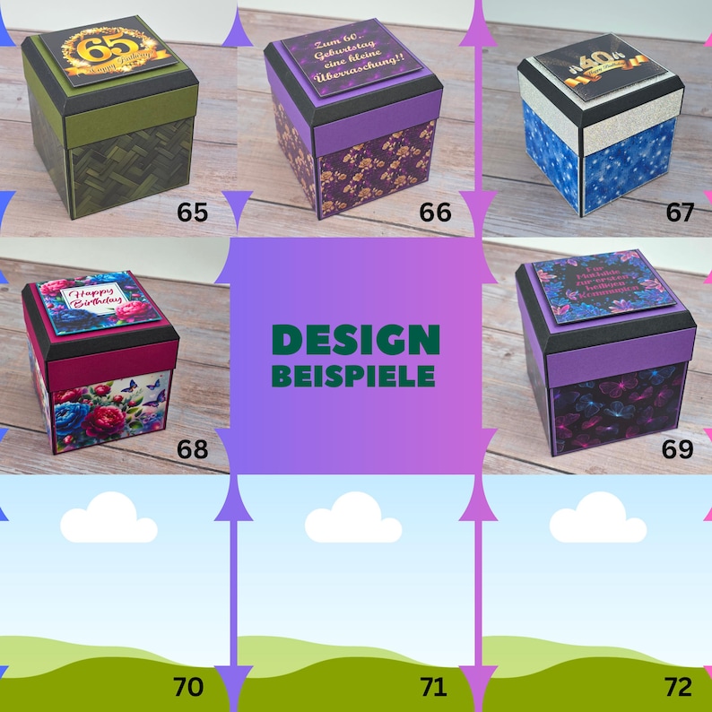 Puede incluir: Una colecci&oacute;n de cajas de regalo decorativas con varios dise&ntilde;os. Las cajas presentan diferentes colores, patrones y texto, incluyendo "65", "Happy Birthday" y texto en alem&aacute;n. Las cajas son de forma cuadrada con tapa.