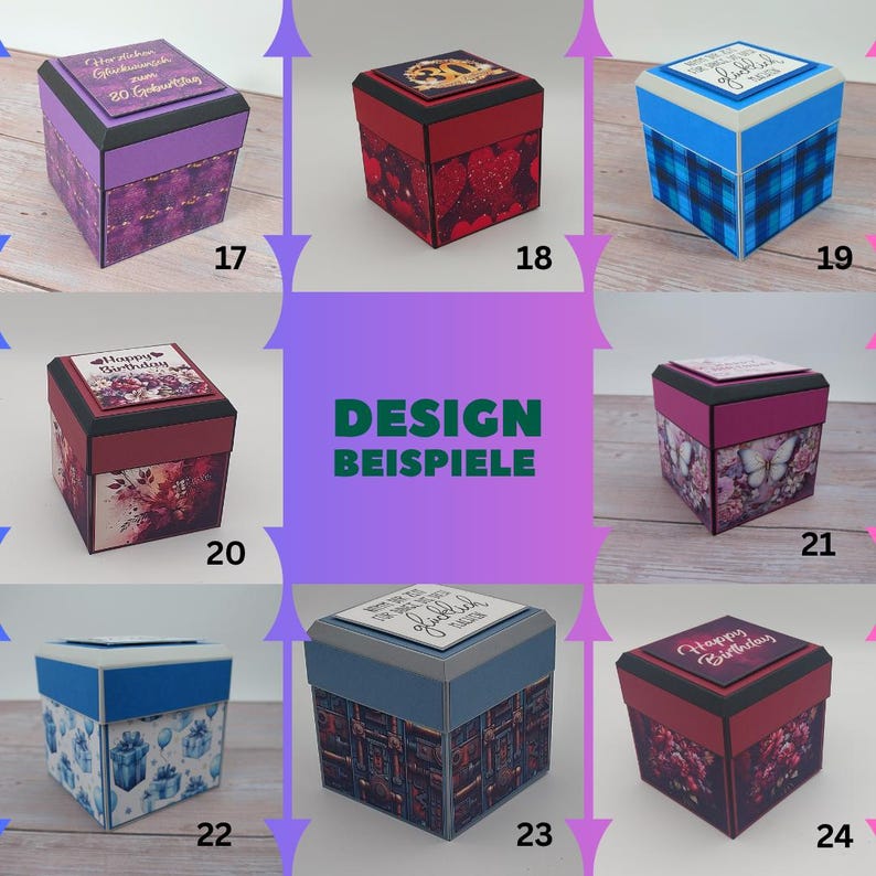 Puede incluir: Una colecci&oacute;n de cajas de regalo decorativas con varios dise&ntilde;os. Las cajas presentan diferentes combinaciones de colores, incluyendo morado, rojo, azul y rosa. Algunas cajas tienen patrones florales, mientras que otras tienen el texto "Happy Birthday".