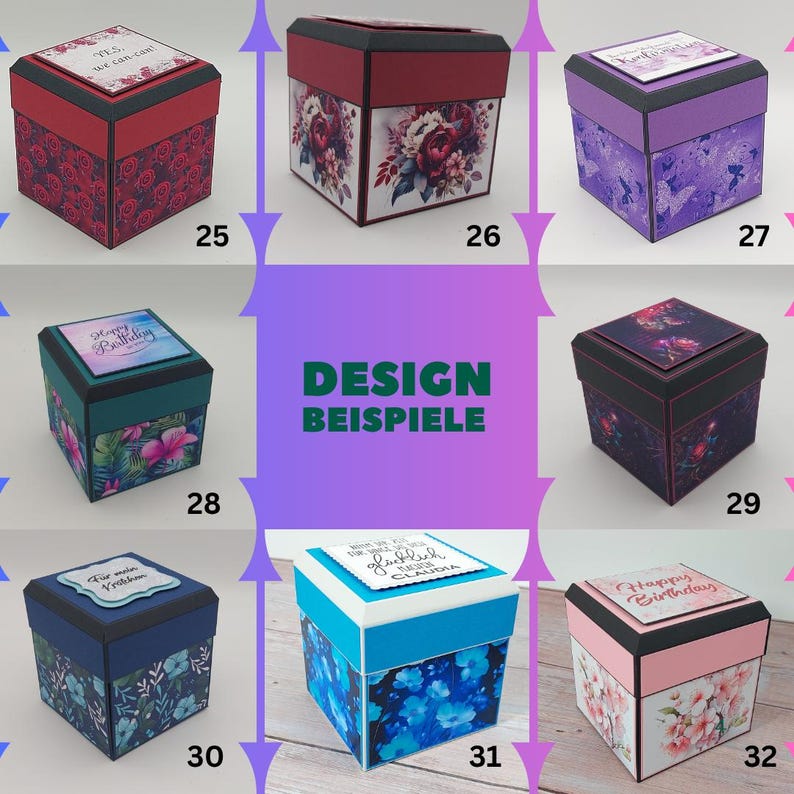 Puede incluir: Una colecci&oacute;n de cajas explosivas decorativas con varios dise&ntilde;os. Las cajas presentan patrones florales, de mariposas y tropicales, con texto como "Happy Birthday". Las cajas son de varios colores.