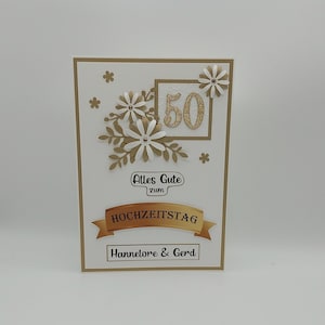 personalisierte Goldene Hochzeit Glückwunschkarte in A4 zum 50. Hochzeitstag, mit den Namen, Blüten und Blätter, zum besonderen Anlass