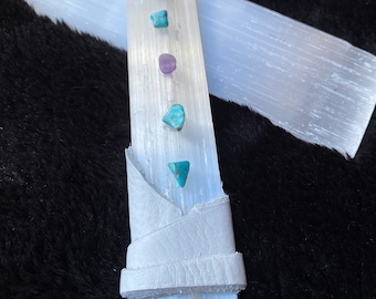 Selenite Water Wand with Turquoise, Leather Wrapped Handle