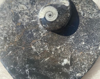 Ammonite Fossil Heart Dish: Sacred Stone Decor (5”x 4”)