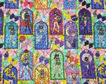 May include: A patterned fabric with a stained-glass effect, depicting anime characters in arched frames. The design incorporates stars, bows, and other decorative elements. The colour scheme is vibrant, with blues, greens, pinks, and yellows. The overall theme is anime.