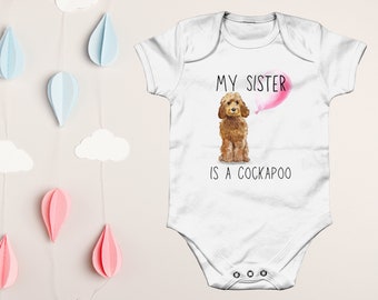 My Sister is a Cockapoo Golden Ginger Short Sleeve 100% Organic Cotton Babygrow Bodysuit | Cockerpoo Gift for New Parent Dog Owner