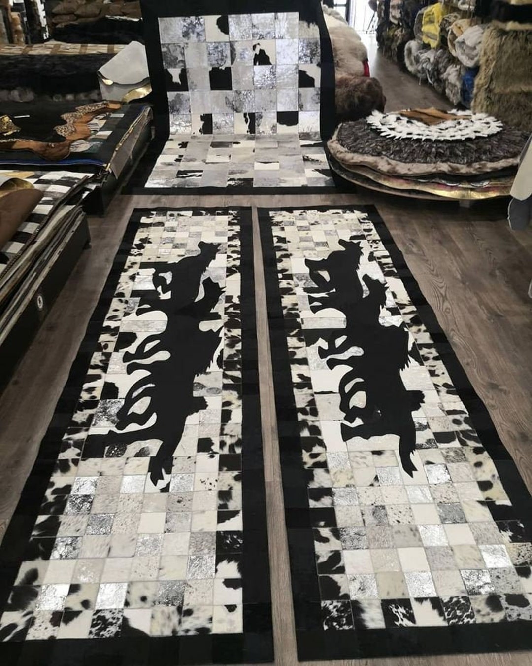 Cowhide Runner Rug Mixed Black Gray and White, Genuine Cowhide