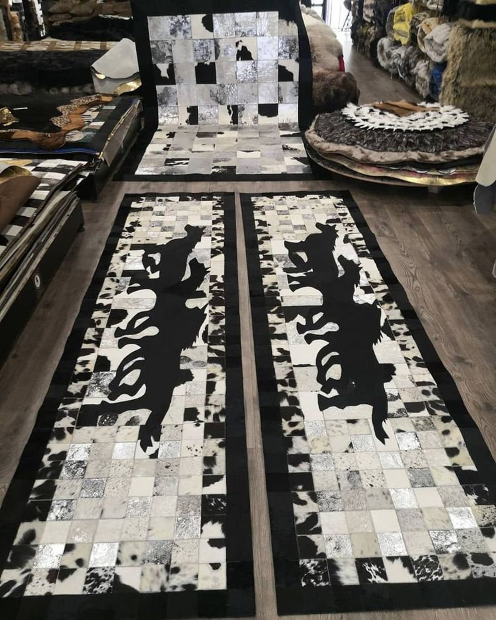 Cowhide Runner Rug Mixed Black Gray and White, Genuine Cowhide