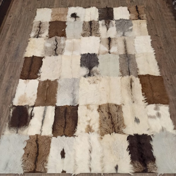 Genuine Goatskin Rug, Dark Brown Goat Hair Patchwork Carpet, Long Hair Goat Skin Fur Carpet, Goat hide Rug, Goatskin Leather Rug