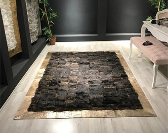 Luxury Black Gold Sheepskin Living Room Rug - Black Gold Fluffy Area Rug - Unique Soft Rug - Scandinavian Carpet - Handmade Non Slip Carpet