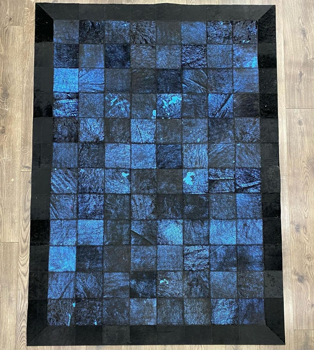 Luxury Blue Color Cowhide Modern Rug, Patchwork Cow Hide Area Rug, Hair ...