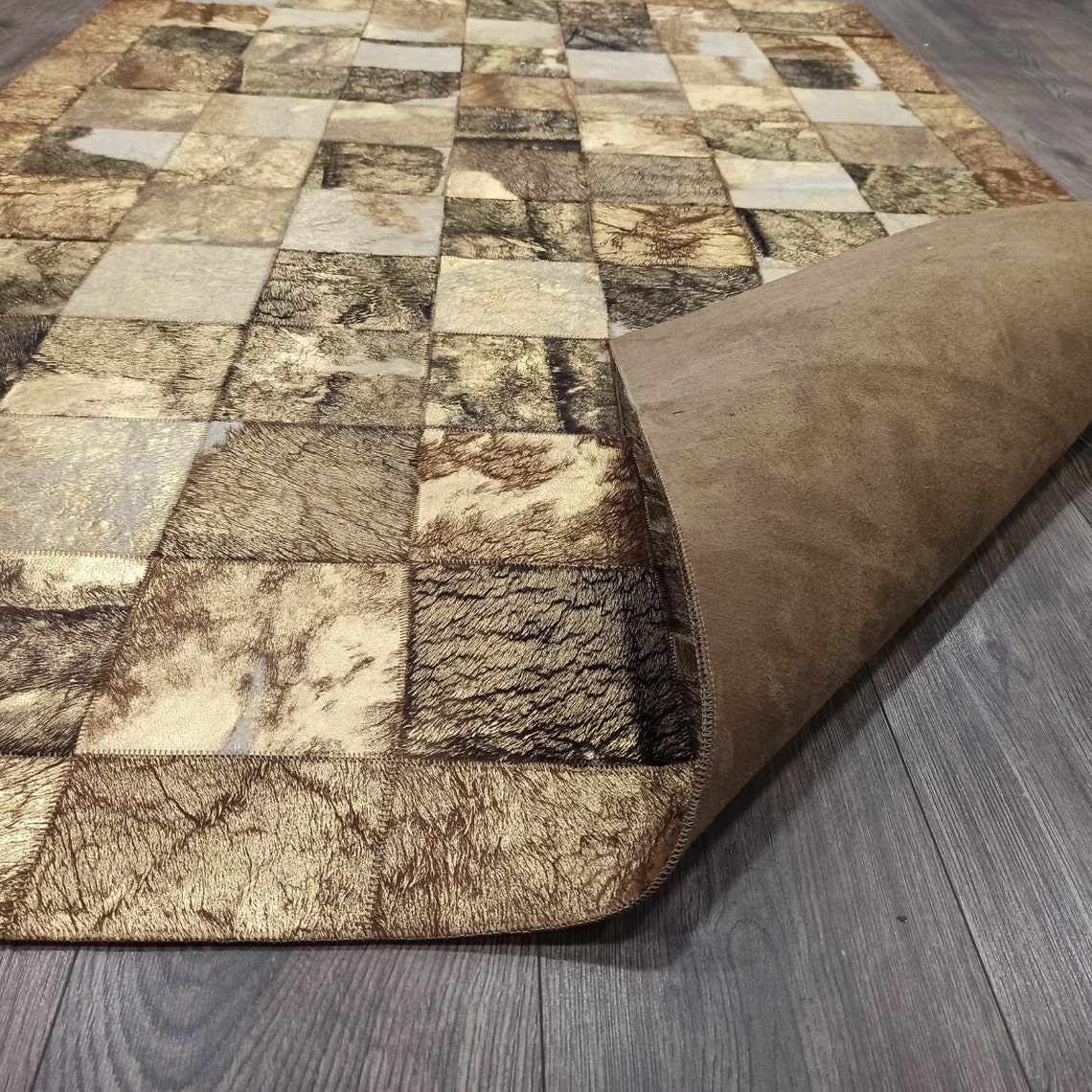 Gold Cowhide Patchwork Rug for Homde Decor, Natural Cowhide Patchwork Leather Area Rug, Big Size