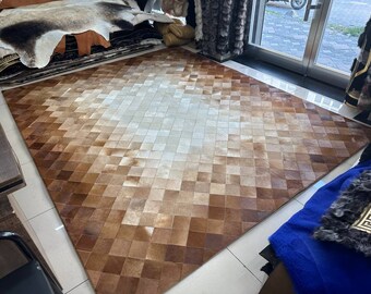 Luxury Brown Patchwork Genuine Cowhide Rug, Cowhide Patchwork Rug, Leather Office Large Rug, Hair on Hide Rug, Brown Bedroom Rug, Hide Rug