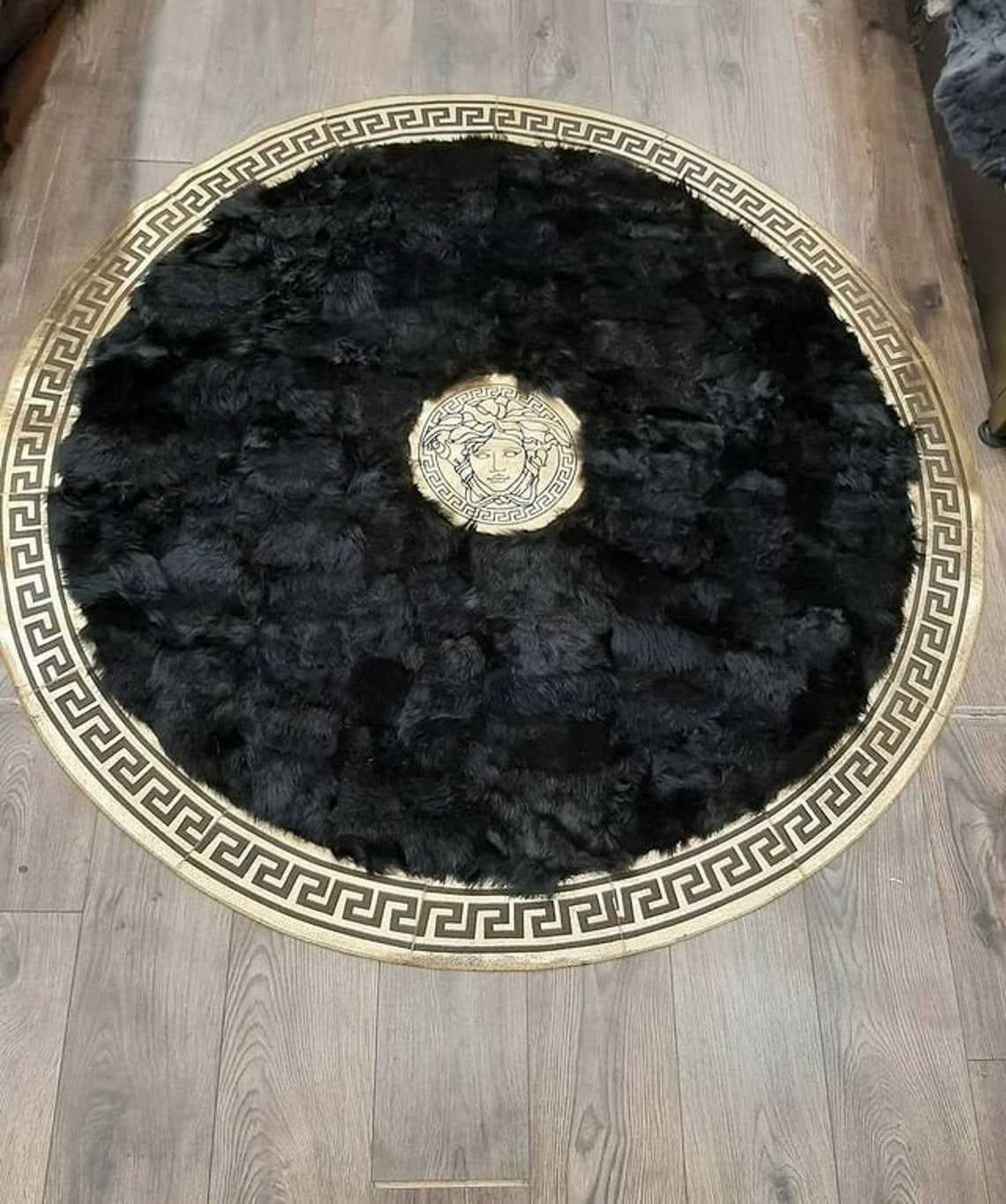 Black Round Sheepskin Area Rug Natural Fluffy Circle Etsy