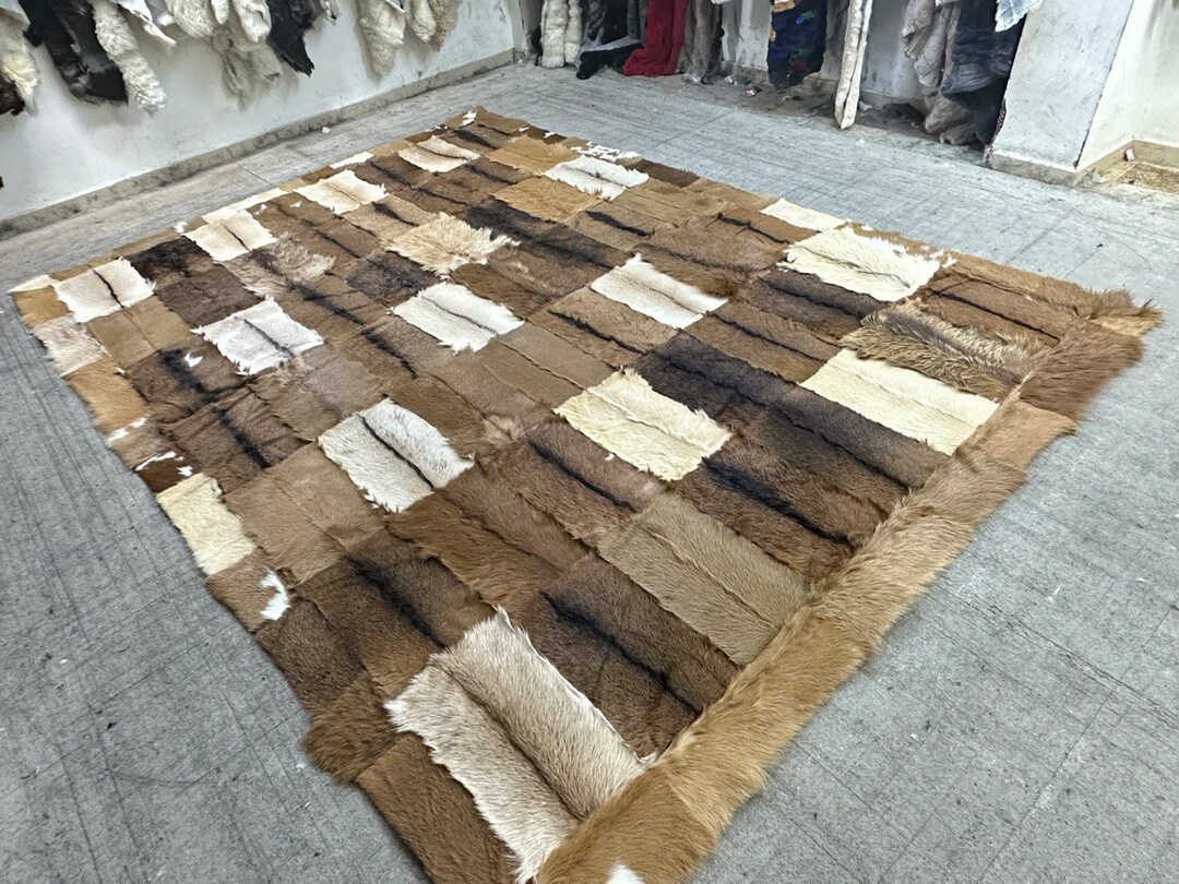 Luxury Goatskin Rug for Living Room, Dark Brown Goat Hair Patchwork