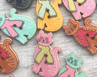 10 Cute Cat Wooden Buttons, Colourful Novelty Kitten Craft Button for Sewing Knitting Mix Animal 2 Hole Fasteners for Kids Cardigan DIY Pack