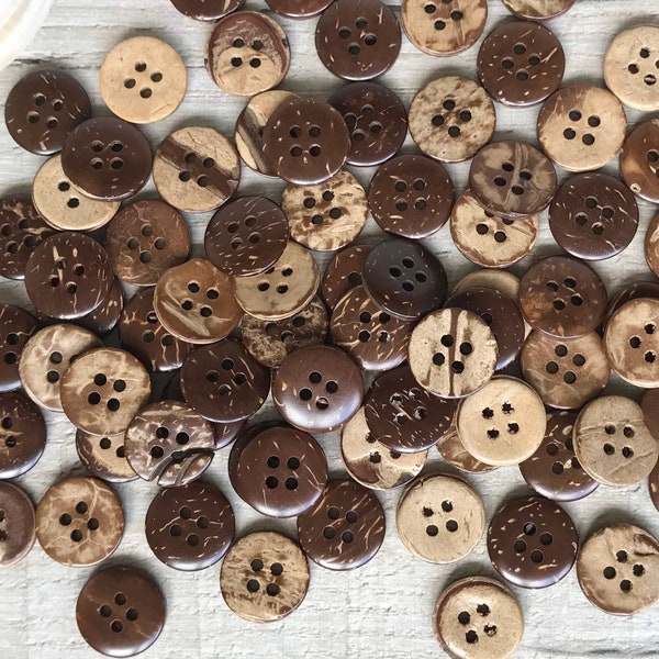 Coconut shell buttons. Fun, quirky & eco friendly. || Natural arts and crafts. 15mm (biodegradable) Coconut crafts. Hemp