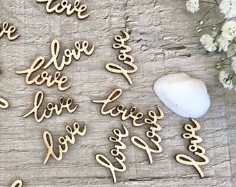 10/15/20/50  Eco Rustic wooden love embellishments, 25mm wood love confetti, natural wood decoration, wedding table confetti embellishments