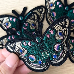 Green Butterfly Iron On Patch, Emerald Gold Embroidered Insect Applique for Denim Jackets