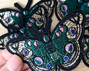 Green Butterfly Iron On Patch, Emerald Gold Embroidered Insect Applique for Denim Jackets
