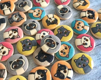 1.5cm Cat buttons, Wooden, Kittens buttons, quirky, Animal design, cartoon cat, animal buttons, Children's button