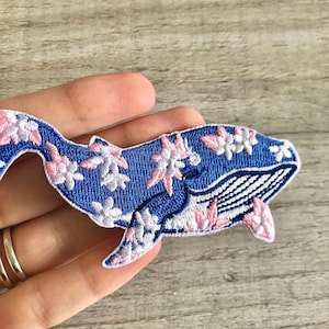 Blue Floral Whale Iron On Patch, Pink Cherry Blossom Embroidered Marine Life Apparel Appliqué