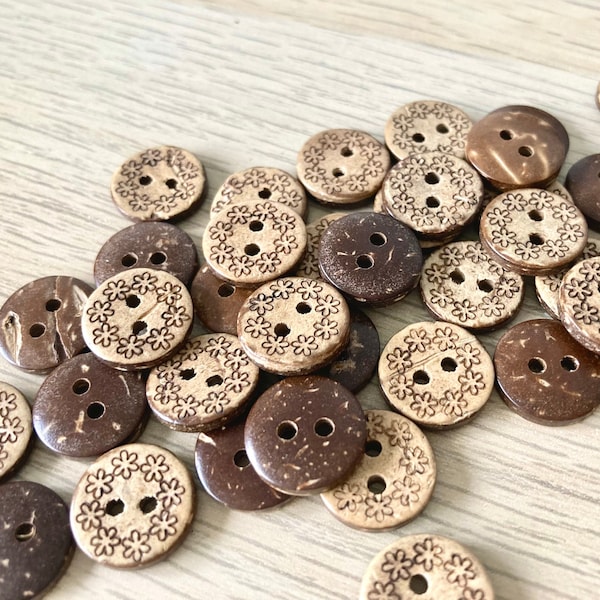 Floral Coconut Shell Buttons 13mm Natural, eco buttons for Blouses, Cardigans, Dress buttons, flower power flowers, Clothing Accessories