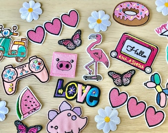 Girly Embroidered Iron-On Patches: Pink Butterflies, Flowers & More