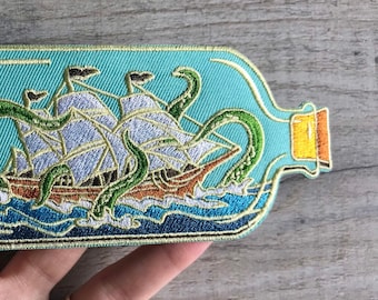 Kraken Ship in a Bottle Iron On Patch, Pirate Sea Monster Embroidered Patches, Nautical Sailor Applique for Jackets Backpacks Costume DIY