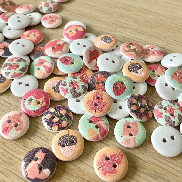 1.5cm Fox, Woodland buttons, Wooden, Autumnal buttons, quirky, Animal design, cartoon foxes, animals, Children's buttons, birds leaves, fall