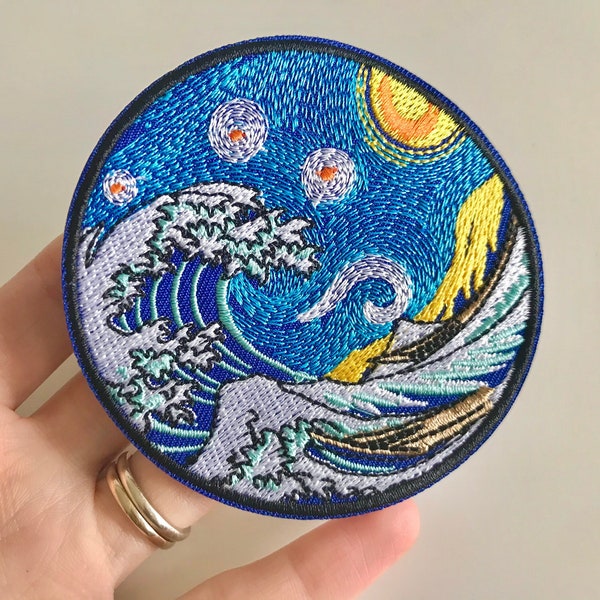 Van Gogh starry night / The Great wave off Kanagawa iron on patch.
