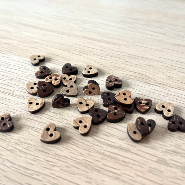 1cm Little Coconut love heart buttons. RUSTIC (10mm)  Coconut Husk, baby buttons. New baby buttons. 2 hole