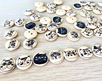 1.5cm Cat buttons, Wooden, Kittens buttons, quirky, Animal design, cartoon cat, animal buttons, Children's button