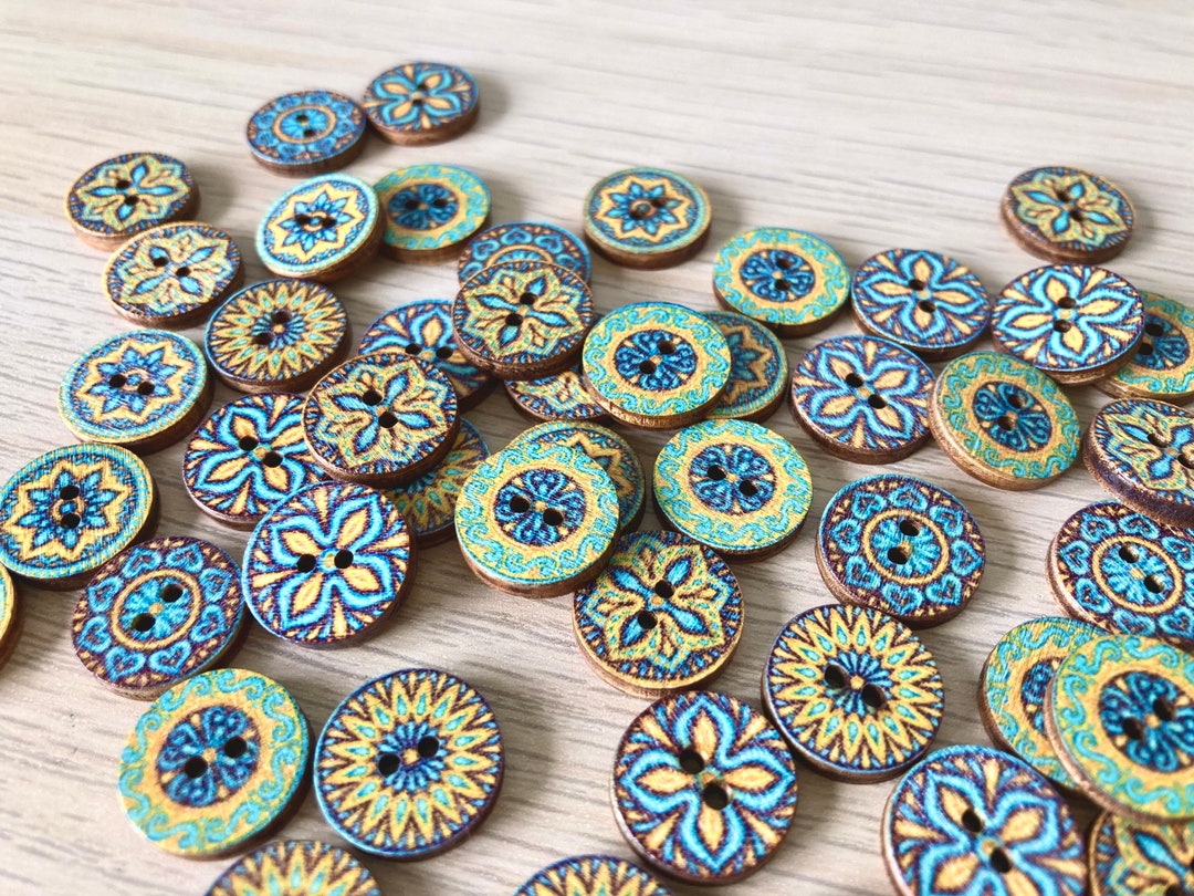Tribe Button Wooden Tribal Buttons: Bohemian Style, Yellow & Blue (1.5cm, Pack of 10 ...