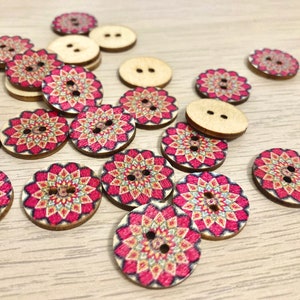 Boho Wooden Mandala Buttons: Pink Ethnic Style (Pack of 10, 2cm)