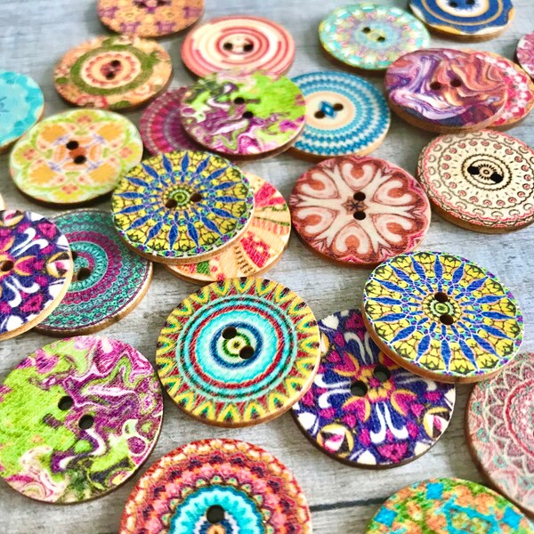Crazy Wooden Boho, Psychedelic Buttons, 2.5cm Sustainable, WACKY Natural Buttons | Earthy, Bohemian, Ethnic, Indian, Traveller Mandala