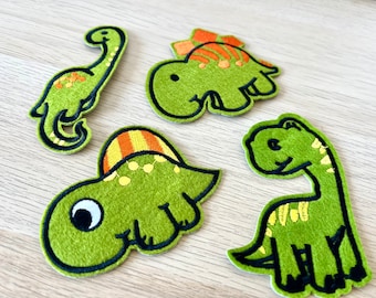 Cute Dinosaur Patch Set | 4 Green Dino Iron On Patches | Embroidered Dinosaur Appliqués for Kids Backpack Jacket Clothes