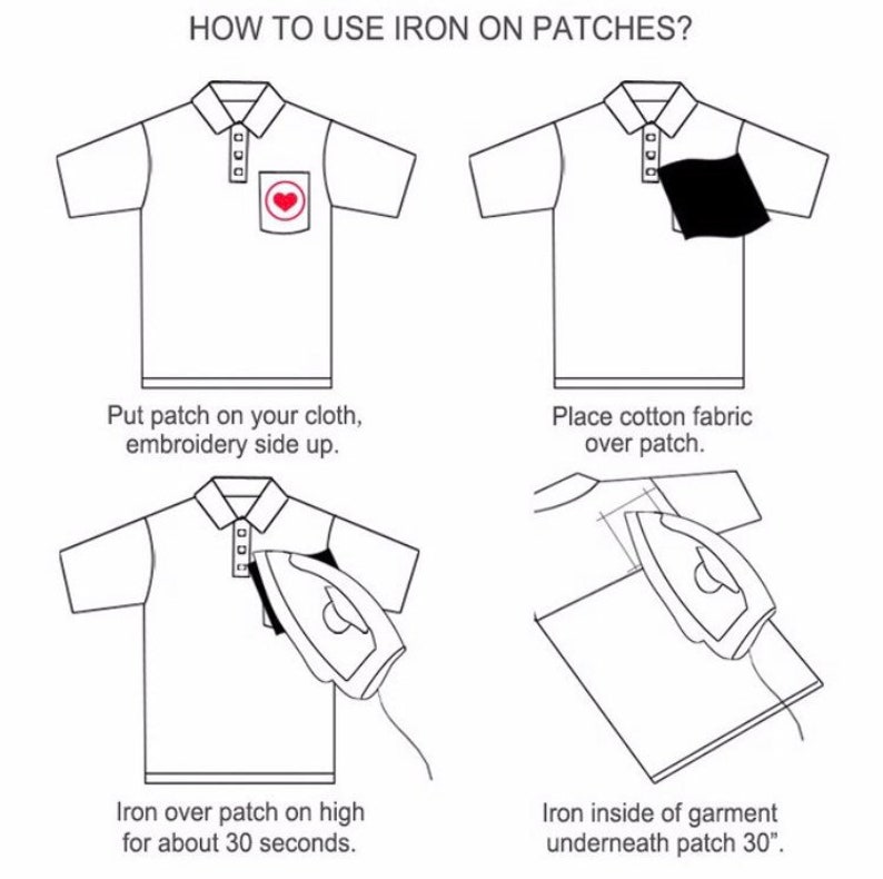 May include: Diagram illustrating how to iron on patches. The steps include placing the patch on the fabric, covering it with cotton, ironing the front for 30 seconds, and ironing the back for 30 seconds. The text reads: "HOW TO USE IRON ON PATCHES?"