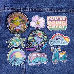 Surfing | Beach Babe Patches | Positive, Surfer gift, dinosaur, sea side, summer vibes | Embroidered Sew on / Iron on Patch Badge Hippy van