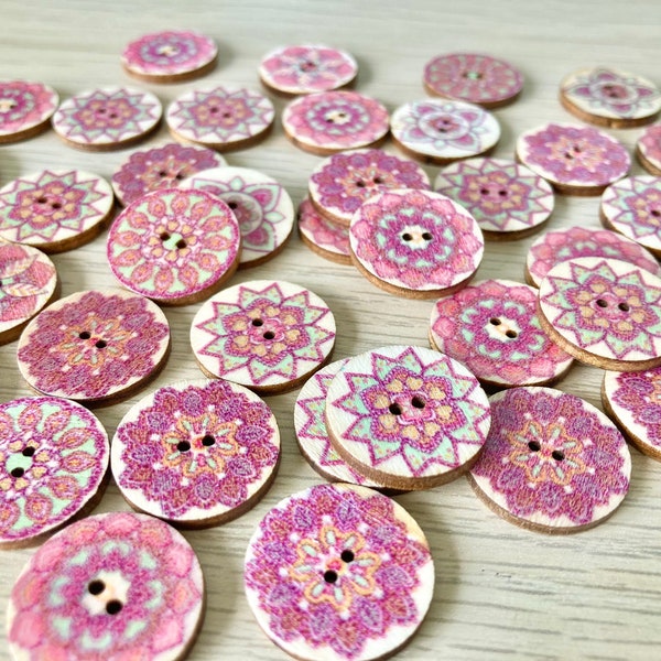 10 Wooden PINK, Psychedelic Buttons, 2cm. Sustainable, Natural Buttons - pack of 10, earthy, bohemian, Ethnic, Indian, Traveller, girly