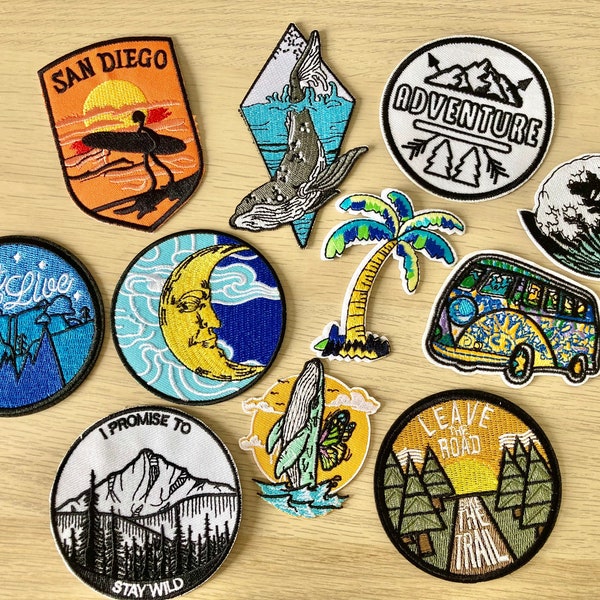 Travel, Surf, Beach Patches | Backpacking Explorer Adventure Camping, Mountains  Embroidered Sew on / Iron on Patch | CHOOSE YOUR DESIGN