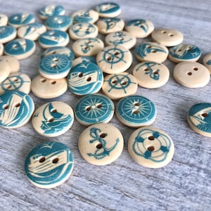15 mm NAUTICAL BUTTONS x 10, Cute little nautical buttons, Wooden coastal style buttons, 15 mm round buttons, Nautical embellishment